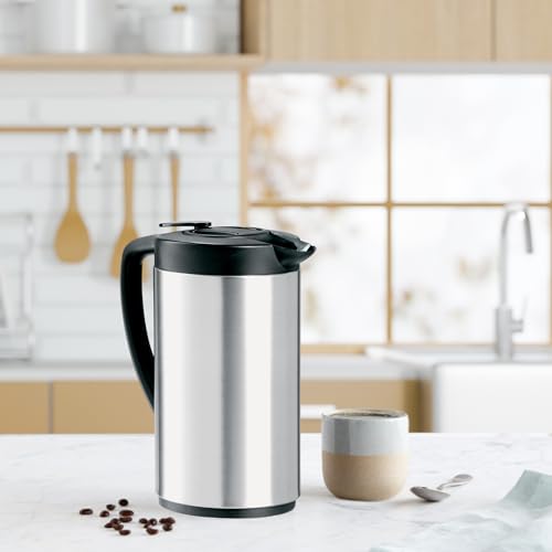 OGGI Oval Carafe Glass Liner - Stainless Steel Body, 1 Liter / 34oz Capacity - Ideal Glass Vacuum Coffee Carafe and Tea Thermos, Press Button for Easy Pouring - Stainless - Image 5