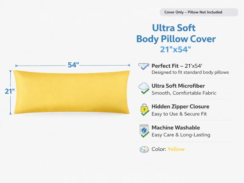 EVOLIVE Body Pillow Cover 21"x54", Ultra Soft Microfiber Pillowcase with Hidden Zipper, Breathable, Machine Washable, for Side Sleepers, Cover Only (21"x54" Body Pillow Cover, Yellow) - Image 2