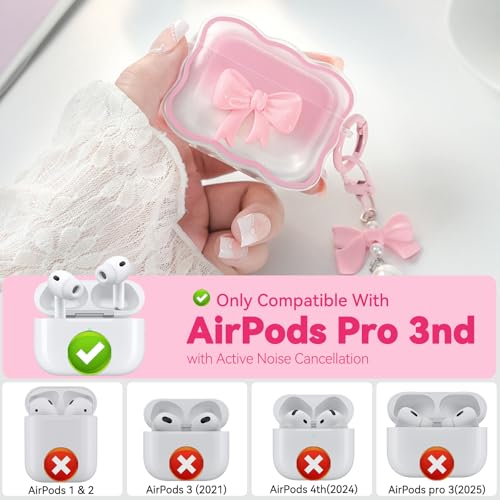 Wowwat for AirPods Pro 3 Case 2025,Cute 3D Bow Pattern Design AirPods Pro 3rd Generation Case Cover,Clear Soft TPU AirPod Pro 3 Cases with Butterfly Pearl Keychain and Cleaner Kit for Women Girls-Pink - Image 2