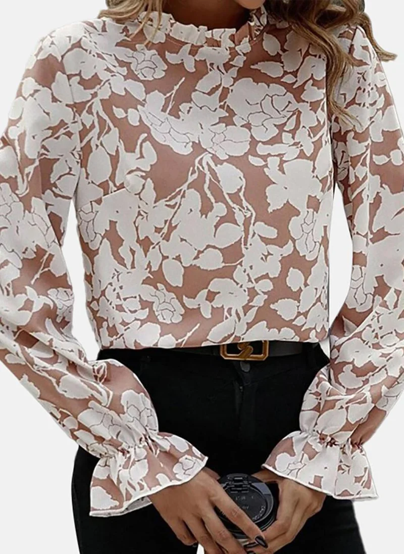YUNIQEE Beige Floral Long Sleeve Round Neck Tunics