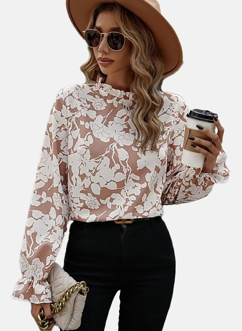 YUNIQEE Beige Floral Long Sleeve Round Neck Tunics