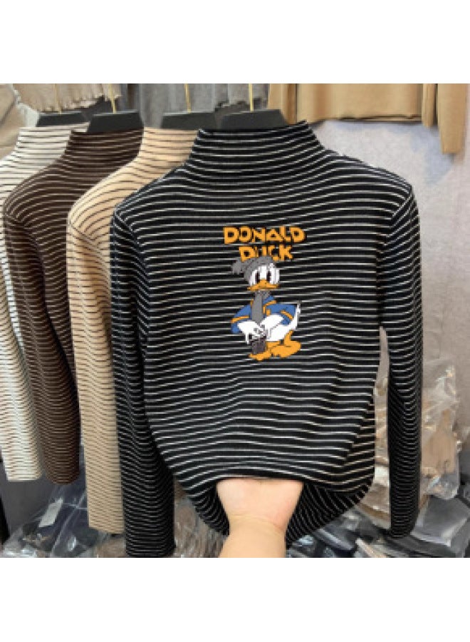 Boys And Girls German Velvet Inner Layering Shirt Autumn And Winter Medium And Large Kidsren's Half Turtleneck Long-sleeved T-shirt Stripesd Cartoon Top