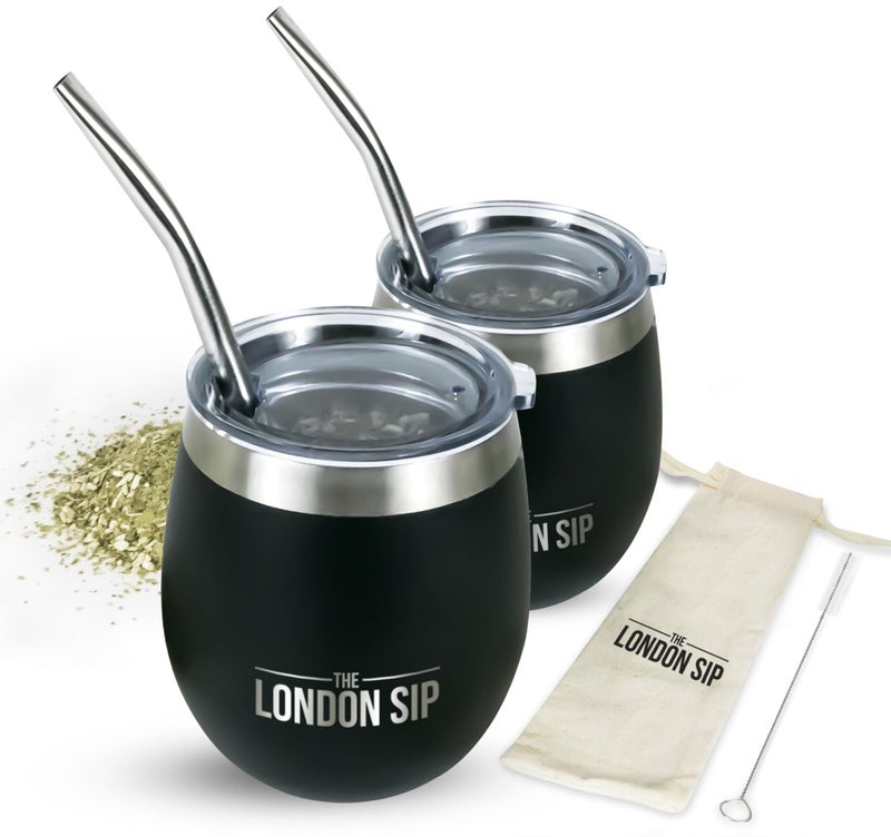 The London Sip London Sip Yerba Mate Cup and Bombilla Set, Includes 2 Gourds (8 oz each), Spill Resistant Lids, Straws, Bombilla Brush and Pouch Included, Black - Image 1
