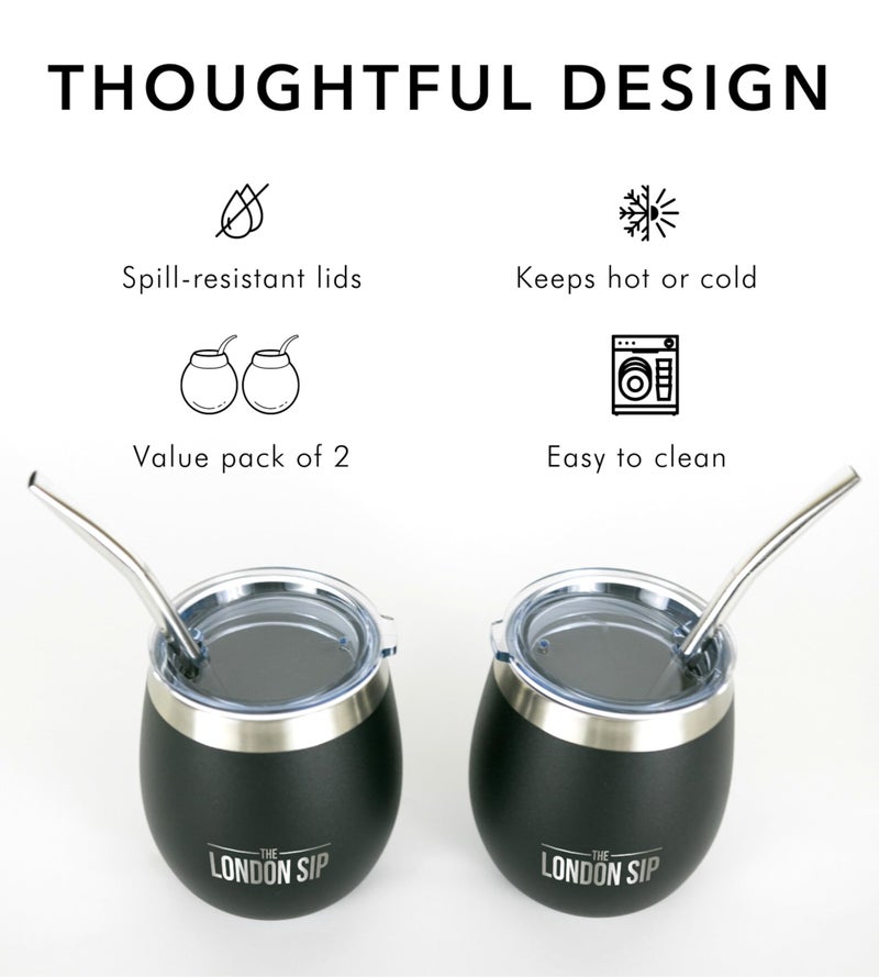 The London Sip London Sip Yerba Mate Cup and Bombilla Set, Includes 2 Gourds (8 oz each), Spill Resistant Lids, Straws, Bombilla Brush and Pouch Included, Black - Image 4