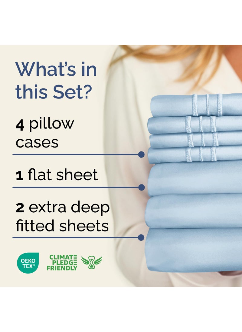 Extra Deep Split King Sheet Set - 7 Piece Breathable and Cooling Sheets - Hotel Luxury Bed Sheets Set - Easy Fit - Soft  Wrinkle Free and Comfy Sheets Set - Sky Blue Sheet Set with Extra Deep Pockets