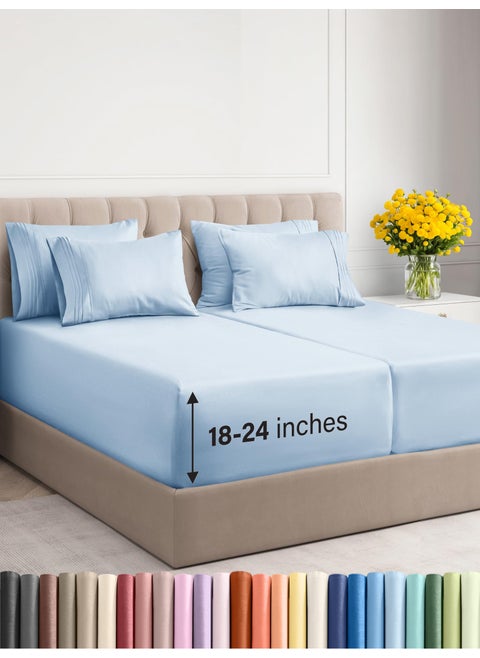 Extra Deep Split King Sheet Set - 7 Piece Breathable and Cooling Sheets - Hotel Luxury Bed Sheets Set - Easy Fit - Soft  Wrinkle Free and Comfy Sheets Set - Sky Blue Sheet Set with Extra Deep Pockets