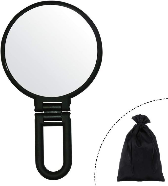 MAKEUP HAND MIRROR, TRAVEL HANDHELD MIRROR DOUBLE-SIDED 360 ADJUSTABLE COSMETIC HAND MIRROR ROUND BLACK