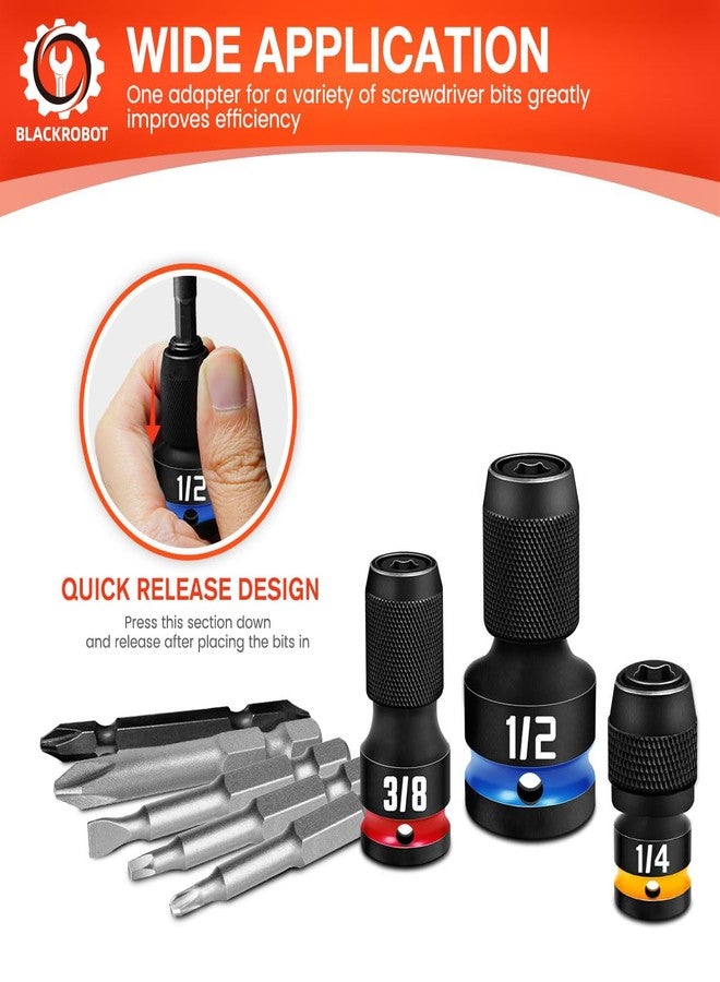 BLACKROBOT 3PCS Quick Release Impact Bit Holders 3/8 1/4 1/2-Inch Square Drive to 1/4-Inch Hex Socket Adapter, CR-MO Steel, Embossed Size Marking - Image 3