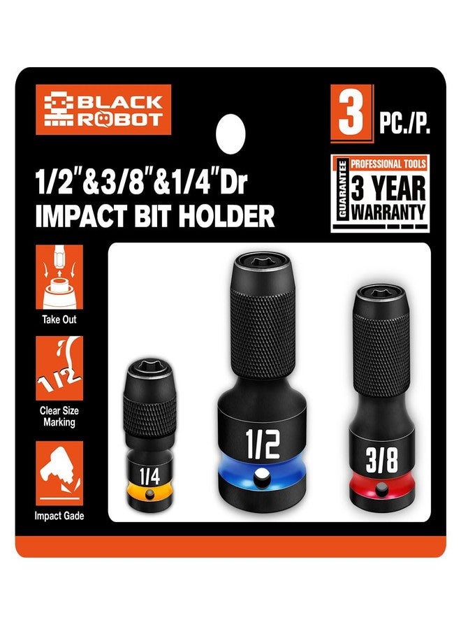 BLACKROBOT 3PCS Quick Release Impact Bit Holders 3/8 1/4 1/2-Inch Square Drive to 1/4-Inch Hex Socket Adapter, CR-MO Steel, Embossed Size Marking - Image 1