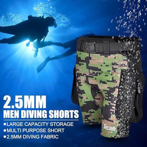 EVTSCAN 2.5mm Neoprene Wetsuit Pants, with Two Side Pockets, Adjustable Waistband Buckle, Men's Camouflage Green Diving Shorts for Swimming, Surfing, Snorkeling, Paddleboarding or Beach Volleyball - Image 2