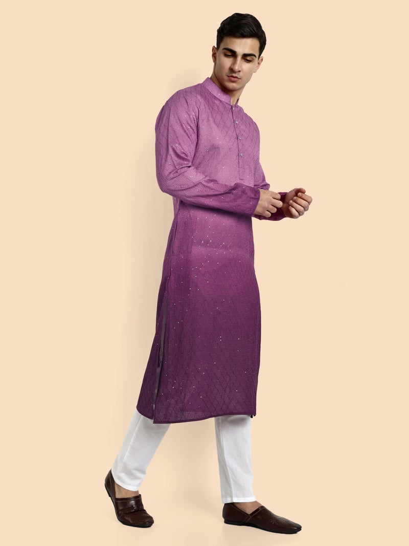 Vardha Men's Cotton Chikankari Embroidered and Sequence Full Sleeve Knee Length Casual Kurta for All Occations Like Wedding, Office & Events (MK_37_XXL_LK) Wine - Image 2