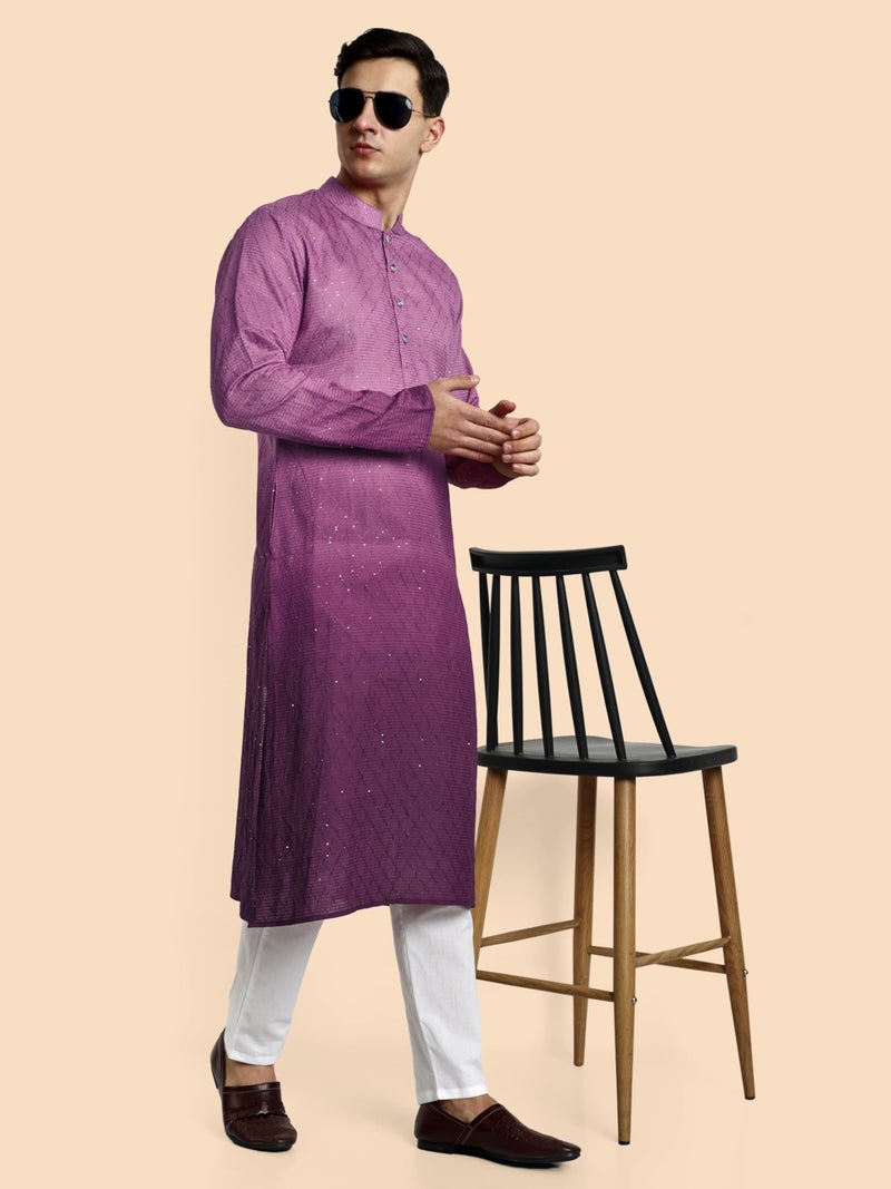 Vardha Men's Cotton Chikankari Embroidered and Sequence Full Sleeve Knee Length Casual Kurta for All Occations Like Wedding, Office & Events (MK_37_XXL_LK) Wine - Image 5