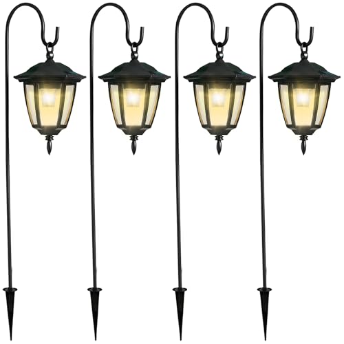 Dynaming 4 Pack Solar Hanging Lights Outdoor, Solar Powered Garden Decorative Lanterns with 4 x 38 Inch Shepherd Hooks, Waterproof Landscape Lighting for Lawn Patio Yard Pathway Driveway, Warm White - Image 1