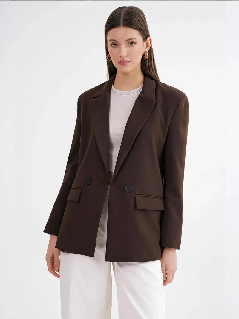 MixRay Coffee Brown Mixray Long Sleeve Buttoned Blazer for Women | Best Price UAE