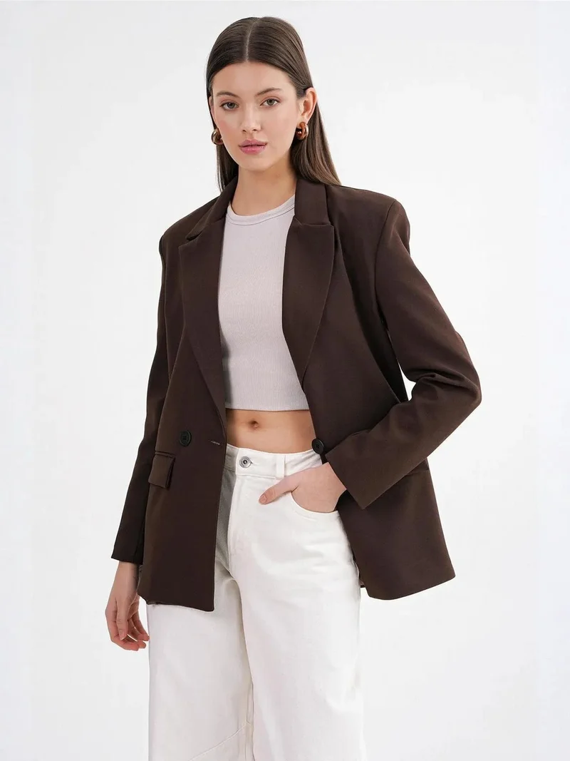 Mixray Coffee Brown Mixray Long Sleeve Buttoned Blazer for Women | Best Price UAE