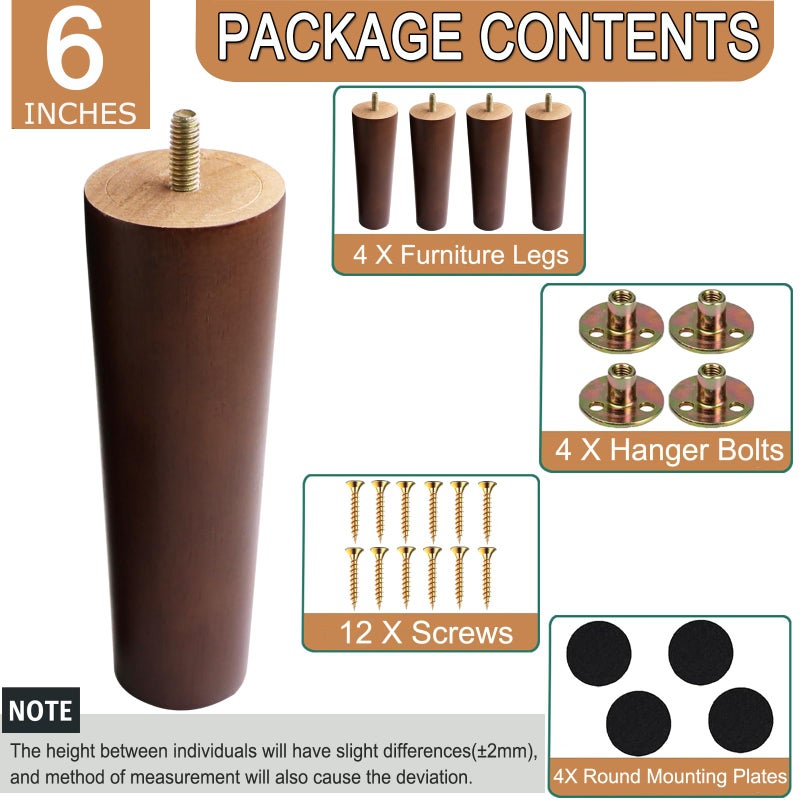 Yaliuliu 6 Inches Round Solid Wood Furniture Legs Set of 4, Brown Wooden Replacement Feet with Threaded 5/16'' Hanger Bolts for Sofa, Couch, Armchair, Cabinet, TV Stand, Ottoman and Dresser - Image 4