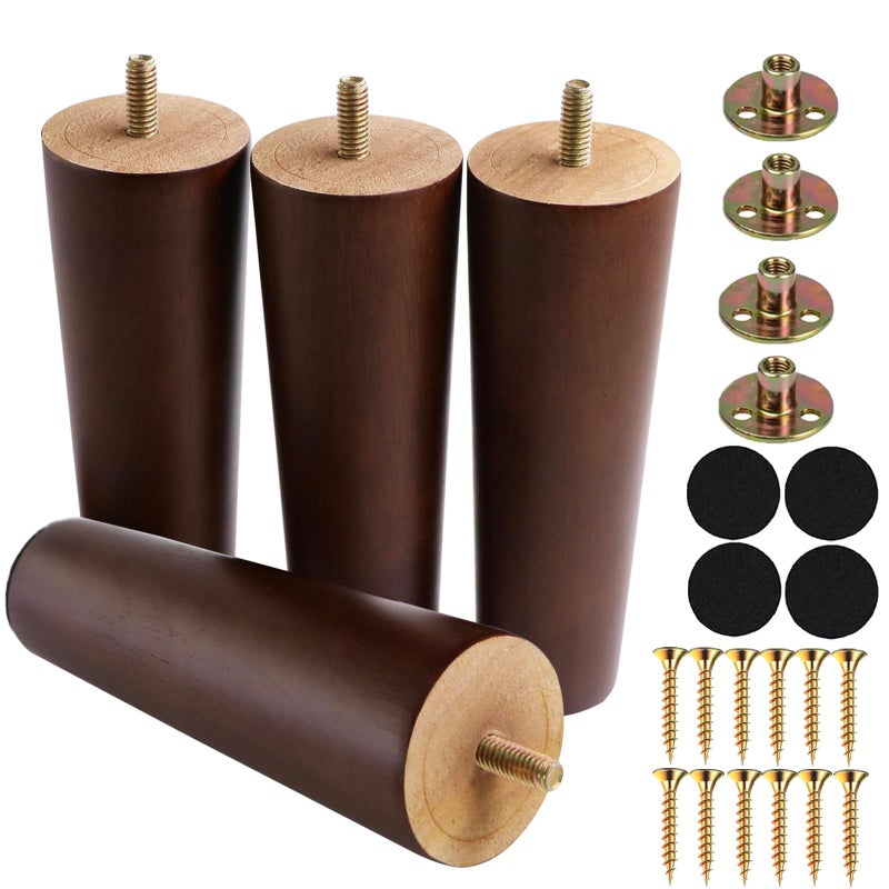 Yaliuliu 6 Inches Round Solid Wood Furniture Legs Set of 4, Brown Wooden Replacement Feet with Threaded 5/16'' Hanger Bolts for Sofa, Couch, Armchair, Cabinet, TV Stand, Ottoman and Dresser - Image 1