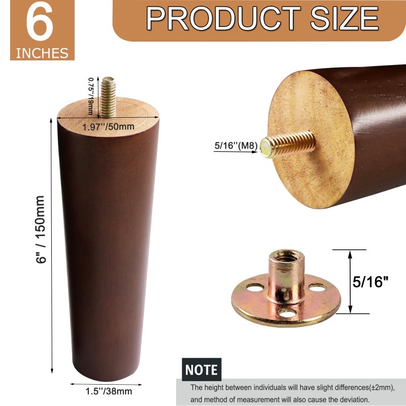Yaliuliu 6 Inches Round Solid Wood Furniture Legs Set of 4, Brown Wooden Replacement Feet with Threaded 5/16'' Hanger Bolts for Sofa, Couch, Armchair, Cabinet, TV Stand, Ottoman and Dresser - Image 3