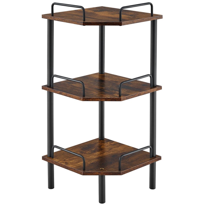 Tajsoon Corner Shelf Stand, 3 Tier Industrial Corner Shelves, Multipurpose Standing Display Shelf, Corner Shelving Unit for Bedroom, Living Room, Office, Kitchen, Rustic Brown - Image 1