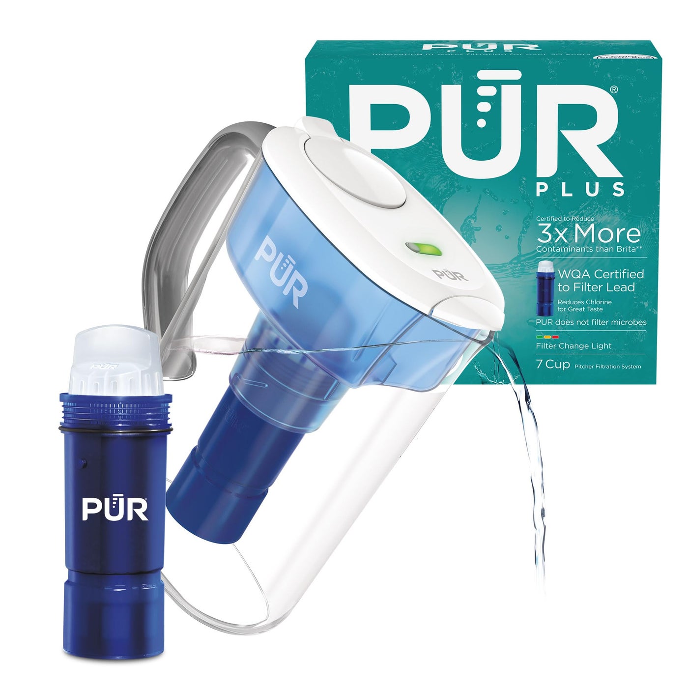 PUR Plus 7Cup Water Filter Pitcher for Fridge Cleaner Greattasting Water Dishwasher Safe Powerful Filtration Change Light Indicator LockFit Cap Design White