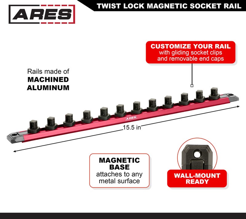 ARES 70355-3-Piece 3/8-Inch Drive 9.84-Inch Socket Organizer Set - Store up to 10 Sockets on Each Rail and Keep Your Tool Box Organized - Image 3