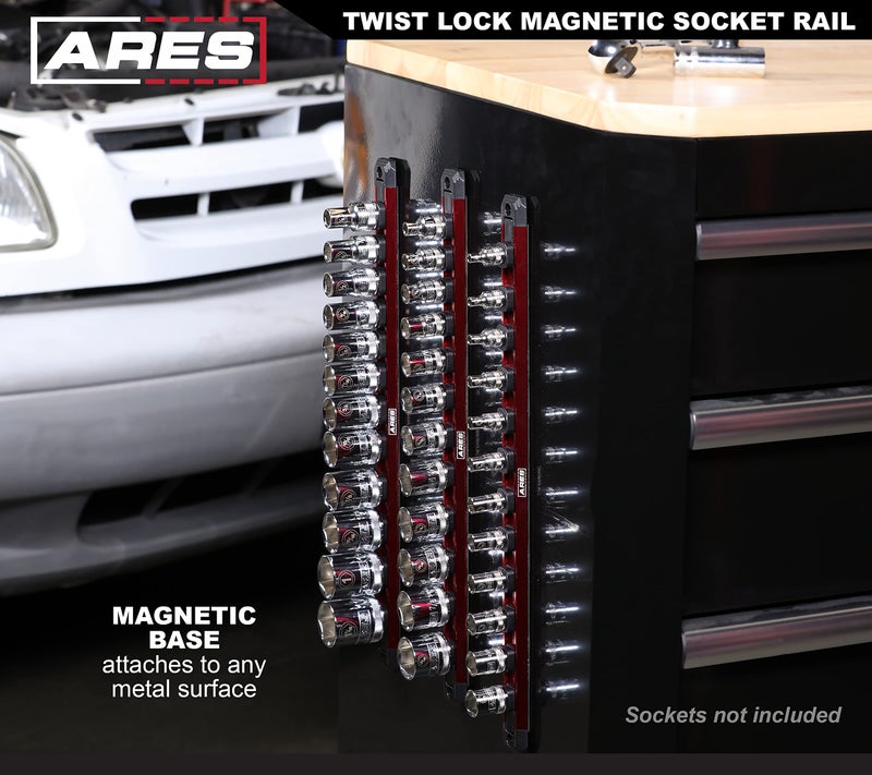 ARES 70355-3-Piece 3/8-Inch Drive 9.84-Inch Socket Organizer Set - Store up to 10 Sockets on Each Rail and Keep Your Tool Box Organized - Image 4