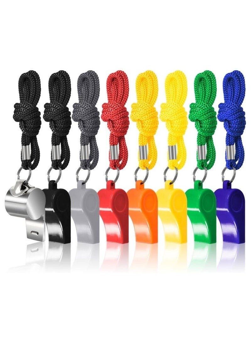 Generic 8 Packs Sports Whistle Coaches Referee Whistles with Lanyards, 7 Colorful Plastic and 1 Stainless Steel Whistles for Football Sports Training Various School Sports Competitions Coaches Referees - Image 1
