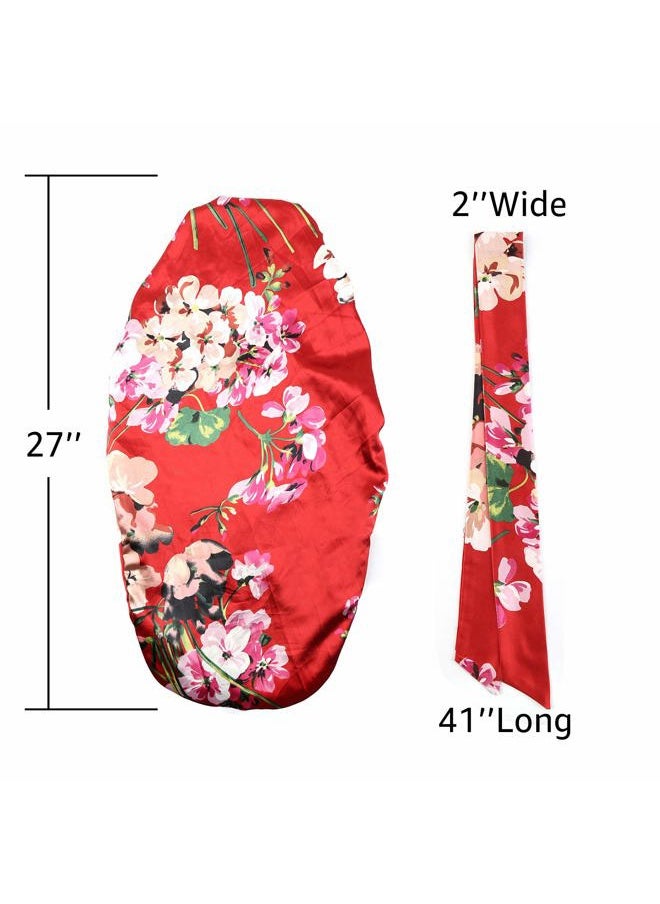 sent hair - Extra Large Satin Bonnet Sleep Cap for Women, Double Layer Silky Hair Bonnet with Tie Band for Braids/Curly/Long Hair - Red Floral - Image 1