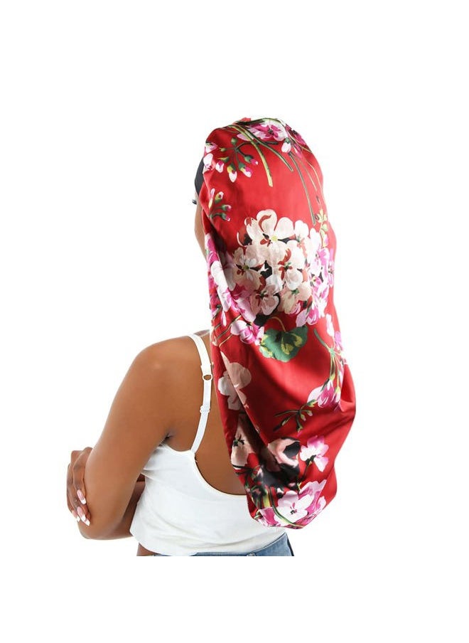 sent hair - Extra Large Satin Bonnet Sleep Cap for Women, Double Layer Silky Hair Bonnet with Tie Band for Braids/Curly/Long Hair - Red Floral - Image 1
