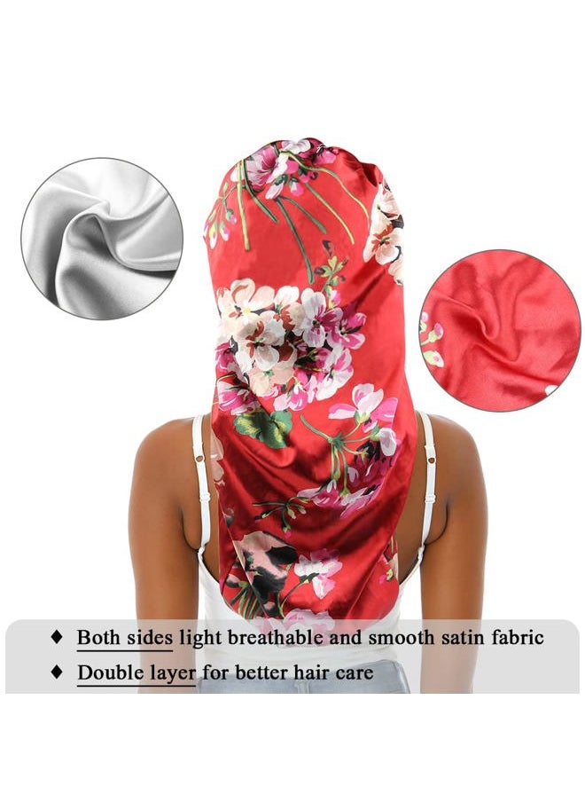 sent hair - Extra Large Satin Bonnet Sleep Cap for Women, Double Layer Silky Hair Bonnet with Tie Band for Braids/Curly/Long Hair - Red Floral - Image 1