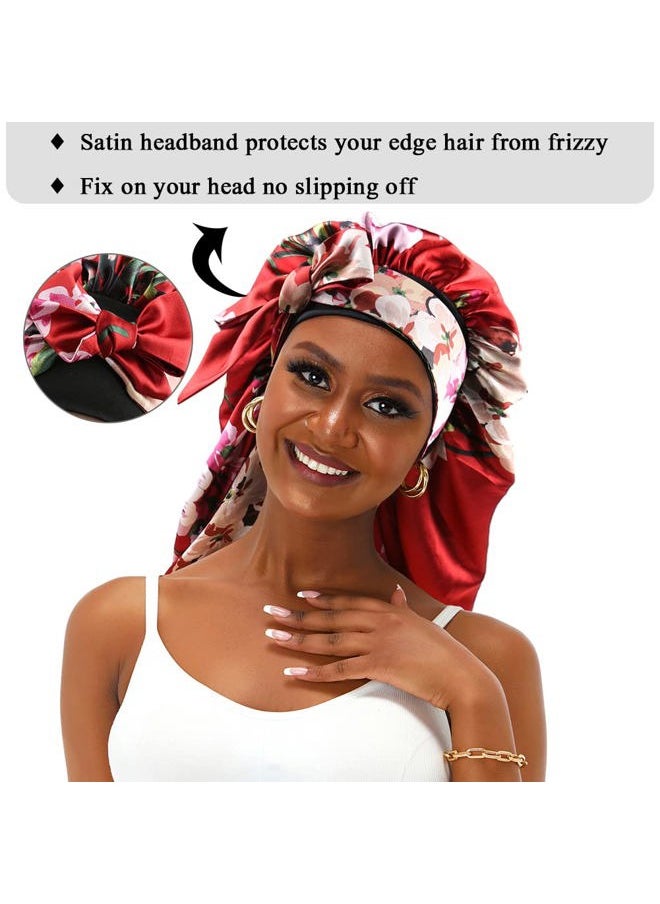 sent hair - Extra Large Satin Bonnet Sleep Cap for Women, Double Layer Silky Hair Bonnet with Tie Band for Braids/Curly/Long Hair - Red Floral - Image 1