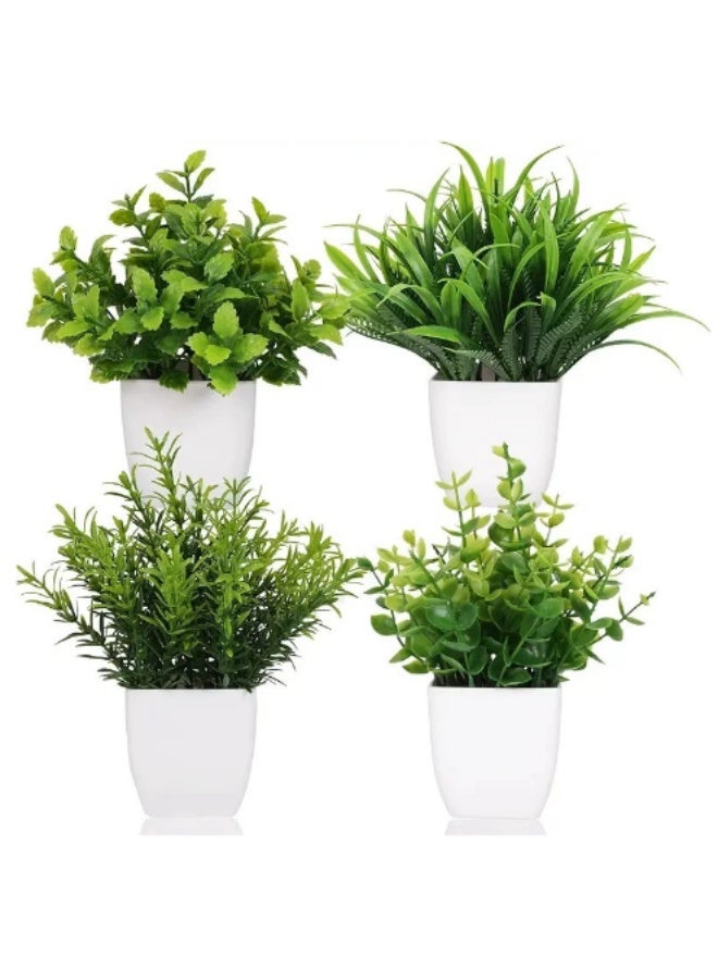 Arabest عبوة من 4 نباتات صناعية صغيرة في أصص، خضرة مختلطة بلاستيكية واقعية لتزيين المنزل، نباتات مزيفة صغيرة داخلية وخارجية للمكتب، الرف، الشرفة (أخضر + أبيض) - Image 1