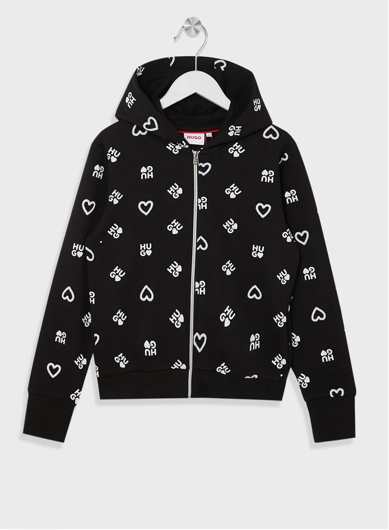 HUGO Kids Logo Aop Zip Through Hoodie