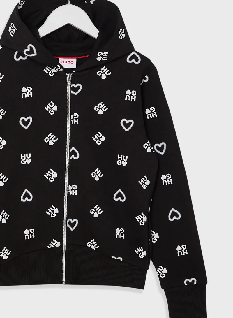 HUGO Kids Logo Aop Zip Through Hoodie
