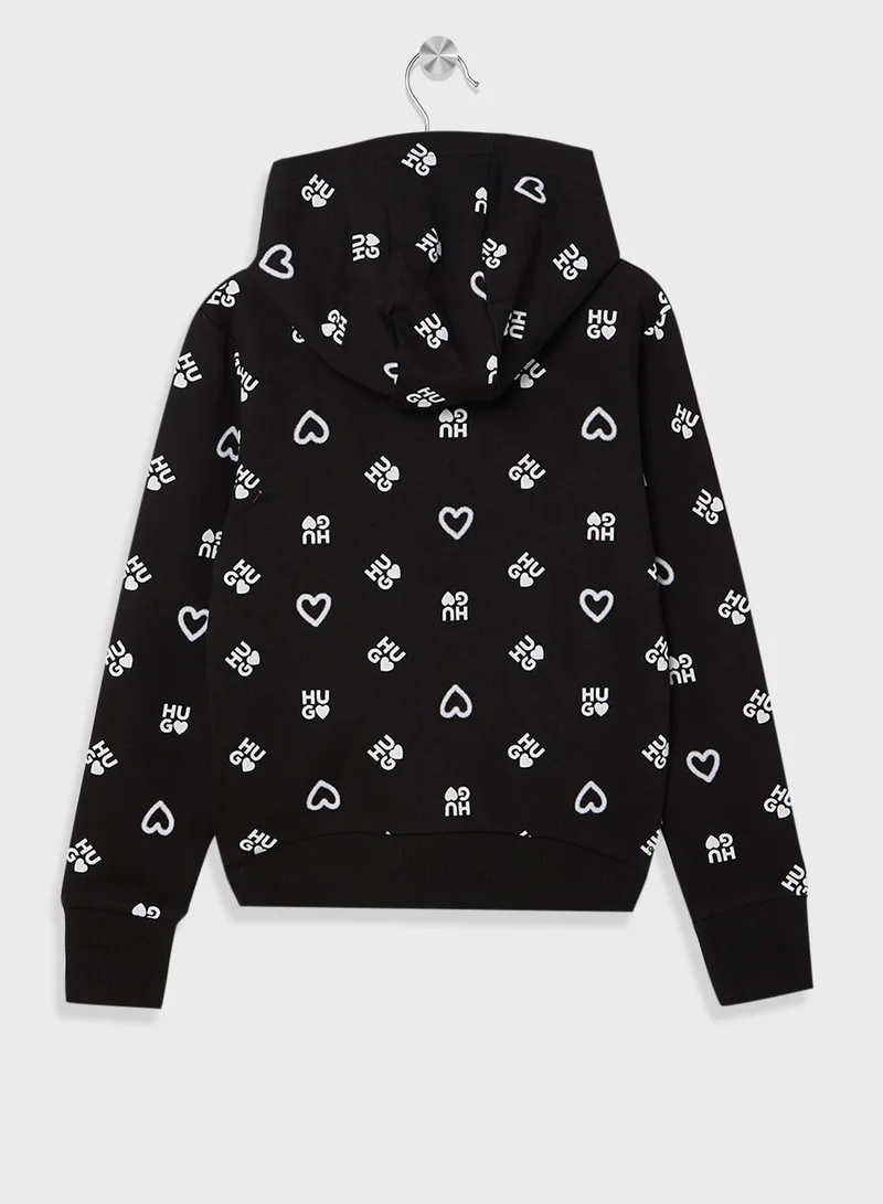 HUGO Kids Logo Aop Zip Through Hoodie