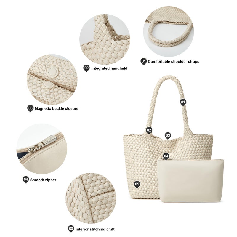 BOYATU Woven Tote Bag for Women: Vegan Leather Purse with 1 Zipper Clutch - Handwoven Tote for Travel Vacation Beach Weekend (Seashell Color) - Image 5