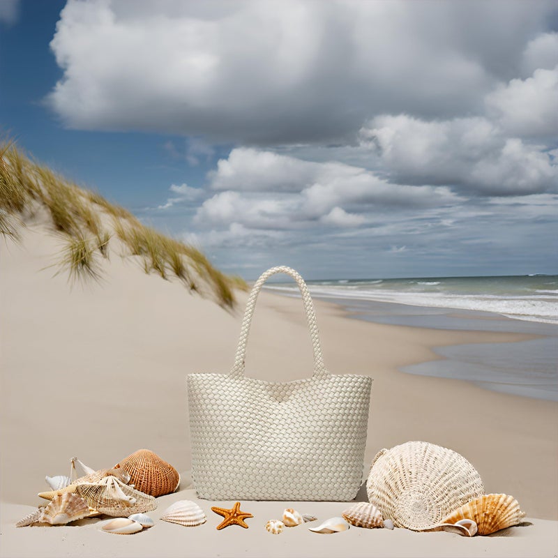 BOYATU Woven Tote Bag for Women: Vegan Leather Purse with 1 Zipper Clutch - Handwoven Tote for Travel Vacation Beach Weekend (Seashell Color) - Image 3