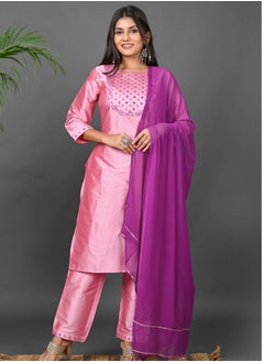 Riara Riara Embroidery Women Kurta With Pant And Dupatta Pink Round Neck XL  - Image 1