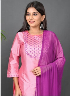 Riara Riara Embroidery Women Kurta With Pant And Dupatta Pink Round Neck XL  - Image 3