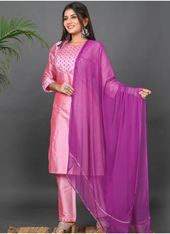 Riara Riara Embroidery Women Kurta With Pant And Dupatta Pink Round Neck XL  - Image 2