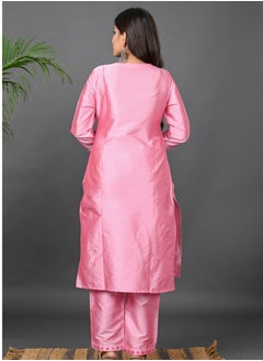 Riara Riara Embroidery Women Kurta With Pant And Dupatta Pink Round Neck XL  - Image 4