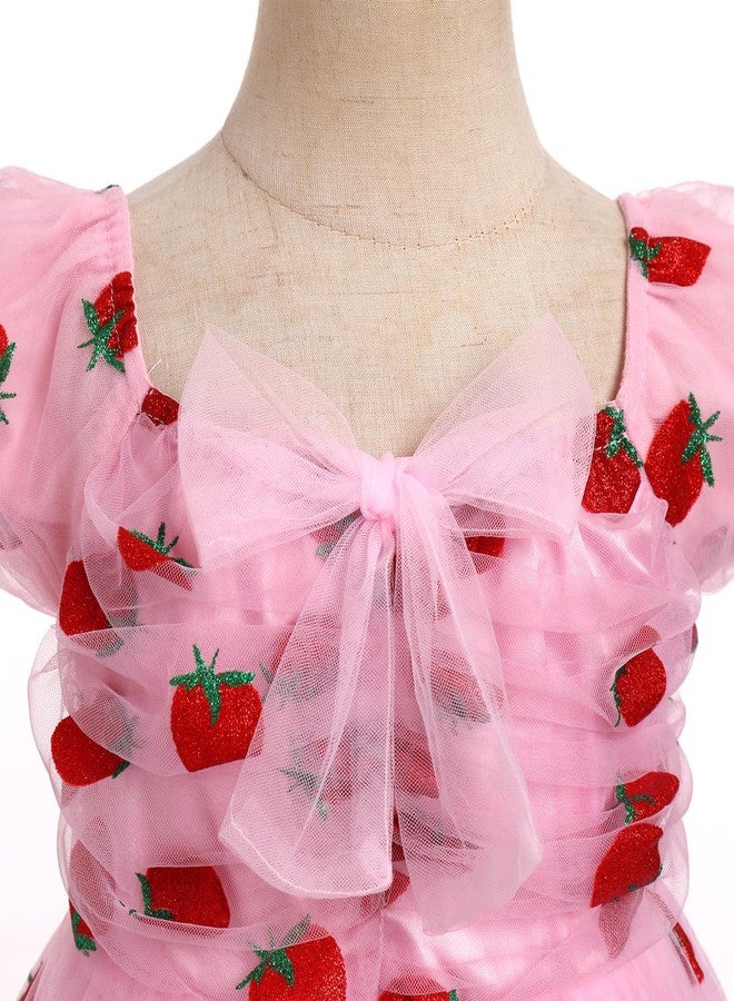 OBEEII Toddler Girls Glitters Strawberry Princess Tulle Dress Short Puff Sleeve Tutu Dress Baby Birthday Party Baptism Ball Gown Flower Girl Dress Formal Pageant Photoshoot Dress Pink 2-3 Years - Image 4