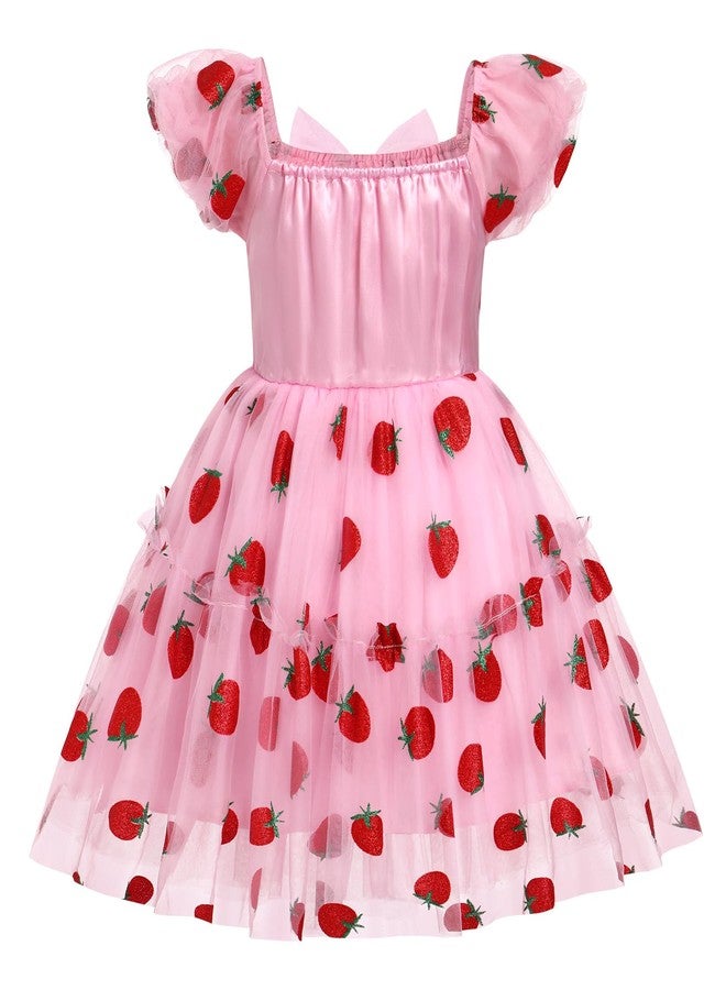 OBEEII Toddler Girls Glitters Strawberry Princess Tulle Dress Short Puff Sleeve Tutu Dress Baby Birthday Party Baptism Ball Gown Flower Girl Dress Formal Pageant Photoshoot Dress Pink 2-3 Years - Image 3