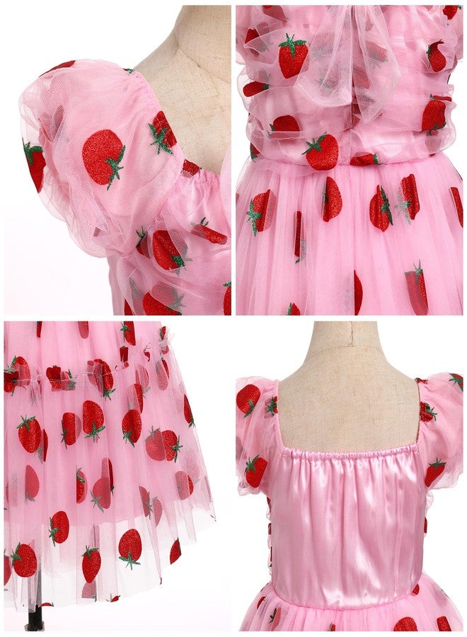 OBEEII Toddler Girls Glitters Strawberry Princess Tulle Dress Short Puff Sleeve Tutu Dress Baby Birthday Party Baptism Ball Gown Flower Girl Dress Formal Pageant Photoshoot Dress Pink 2-3 Years - Image 5