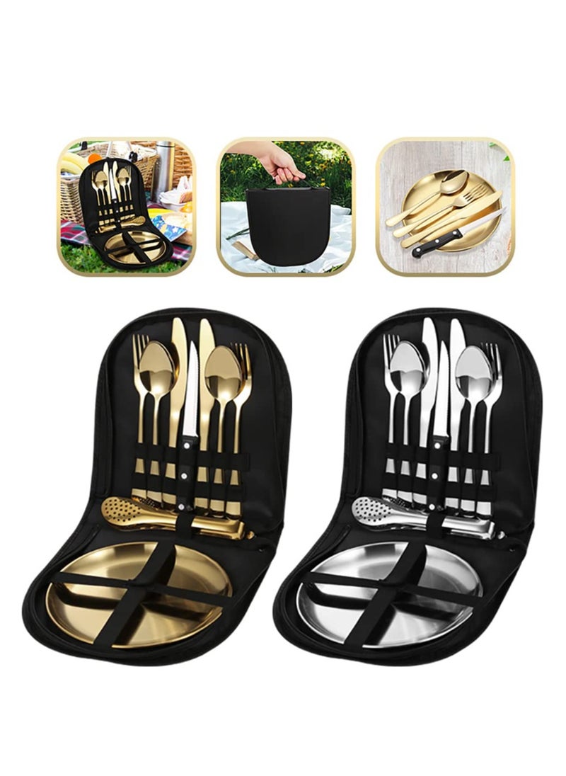 Arabest Outdoor Picnic Tableware, Camping Dinnerware Set with Spoon Fork Knife, 9 Piece Silverware Set With Organizer, Portable Stainless Steel Flatware Set  - Image 2