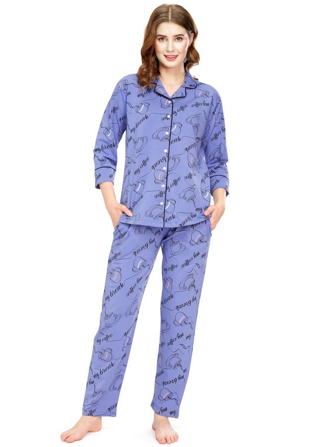 ZEYO - ZEYO Night Suit for Women's Blue Cup & Saucer Printed Cotton Night Dress of Shirt and Pajama Set 5757 - Image 1