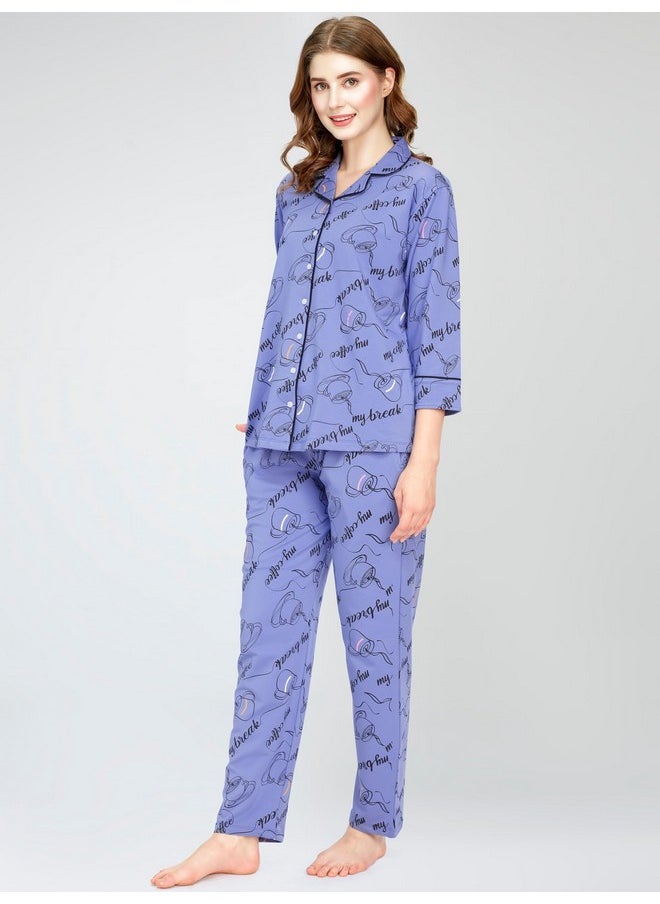 ZEYO - ZEYO Night Suit for Women's Blue Cup & Saucer Printed Cotton Night Dress of Shirt and Pajama Set 5757 - Image 1