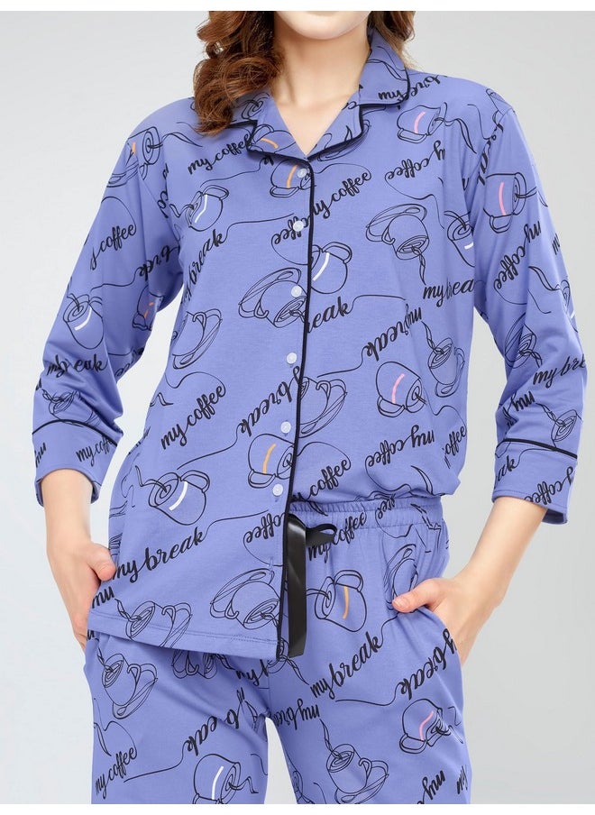 ZEYO - ZEYO Night Suit for Women's Blue Cup & Saucer Printed Cotton Night Dress of Shirt and Pajama Set 5757 - Image 1