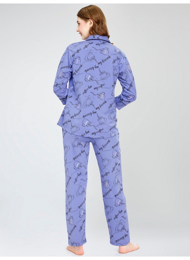 ZEYO - ZEYO Night Suit for Women's Blue Cup & Saucer Printed Cotton Night Dress of Shirt and Pajama Set 5757 - Image 1