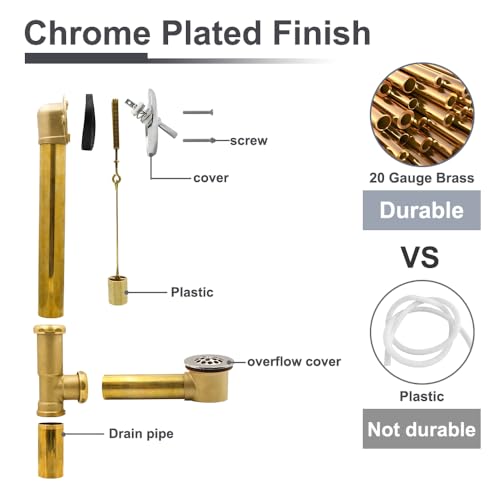 ZM 2022 All Brass Lift and Lock TwoHole Bath Waste Drain Kit with Chrome Plated Grid Drain - Image 3